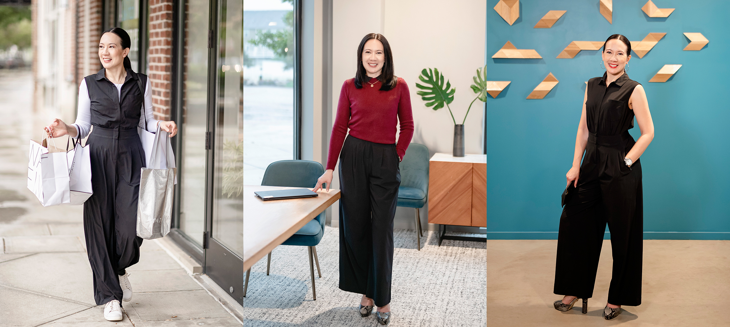 One jumsuit styled three different ways (for running errands, going to work, and a night out)