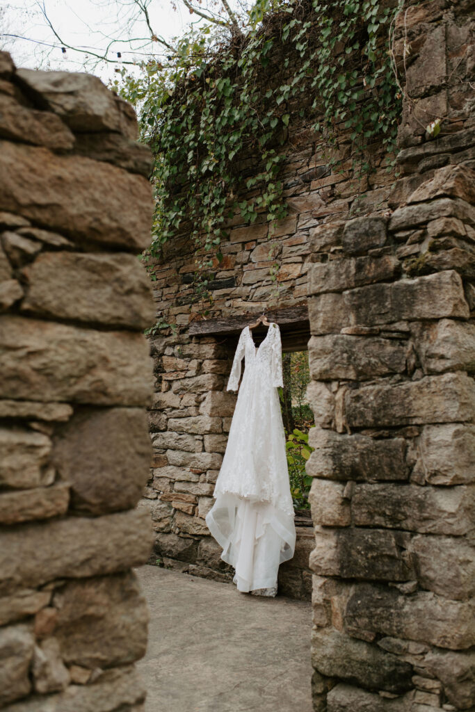 Gown hanging shot at The Mill at Fine Creek
