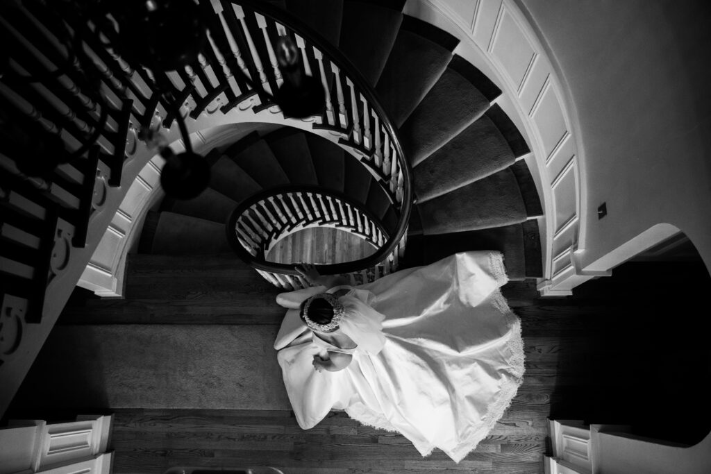 bride on spiral staircase