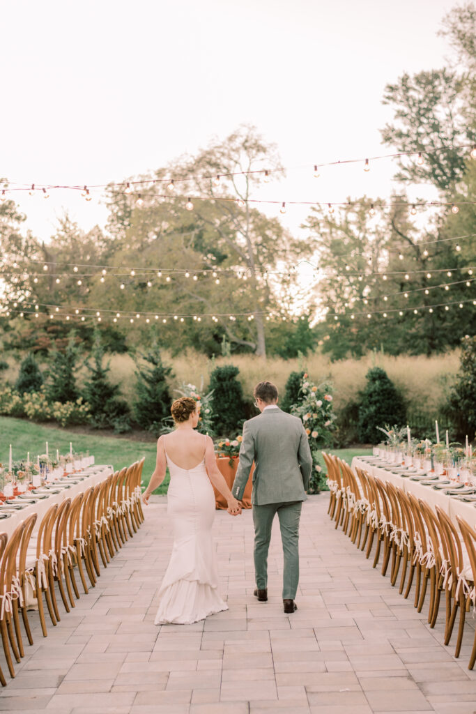 bride groom outdoor setup with bistro lighting