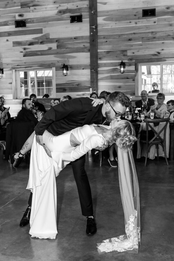 Wedding couple dancing at reception