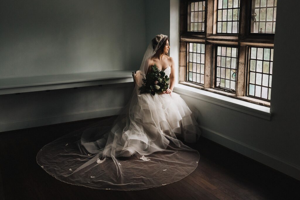 bride looking out of window