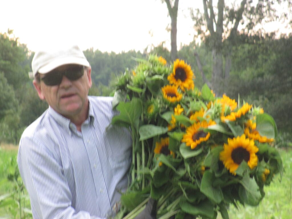 Man holding sunflowers